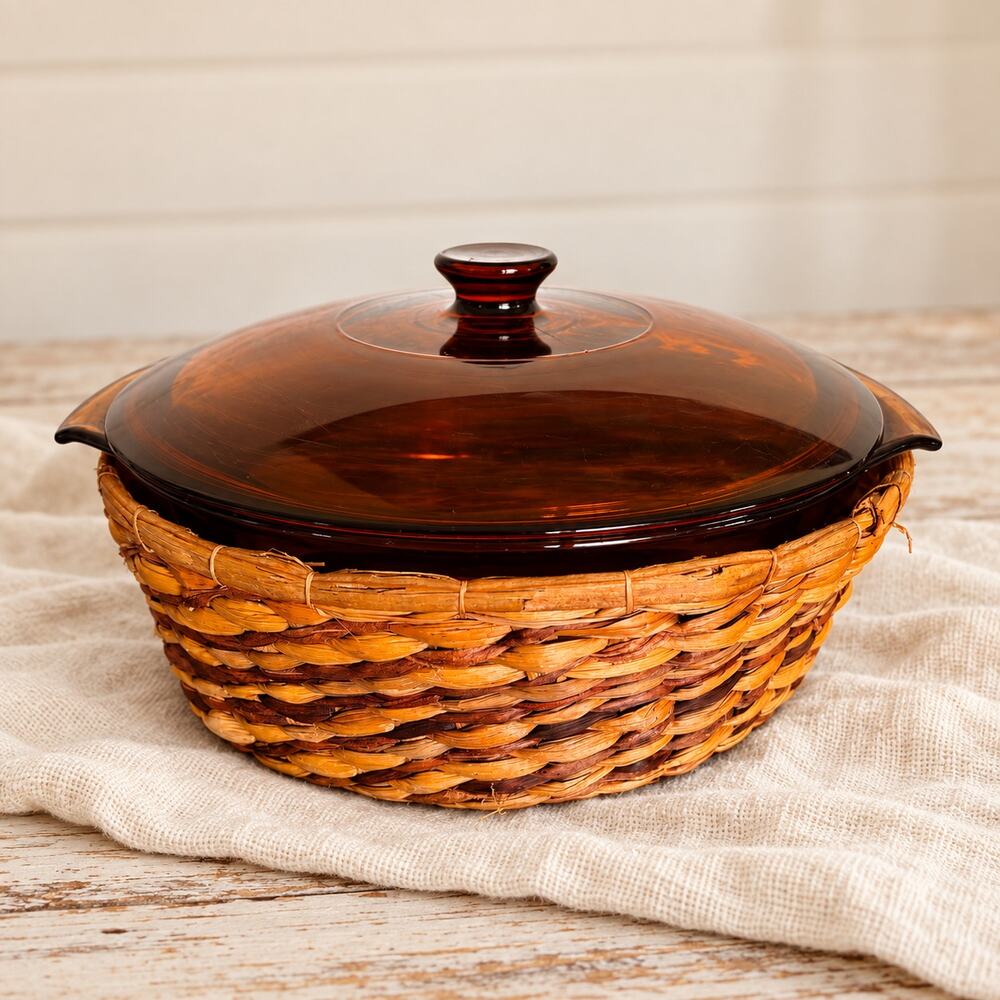 Vintage Anchor Hocking Amber Glass Casserole with Lid & Woven Basket USA